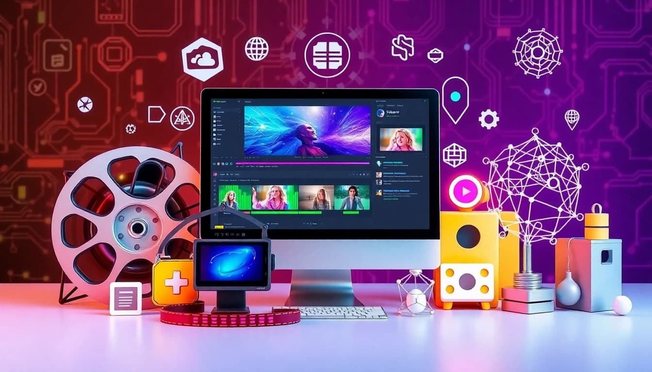 Icons of AI tools for video creation on a tech-themed background.