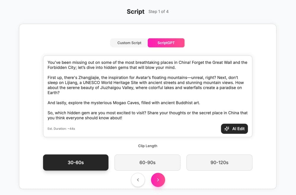 Interface showing user inputting a video subject for AI Shorts.
